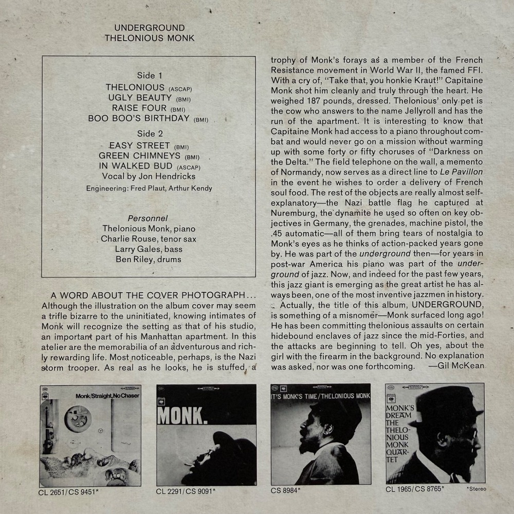 Thelonious Monk - Underground LP Vinyl Columbia CS 9632 1968 360 Sound - Picture 9 of 16